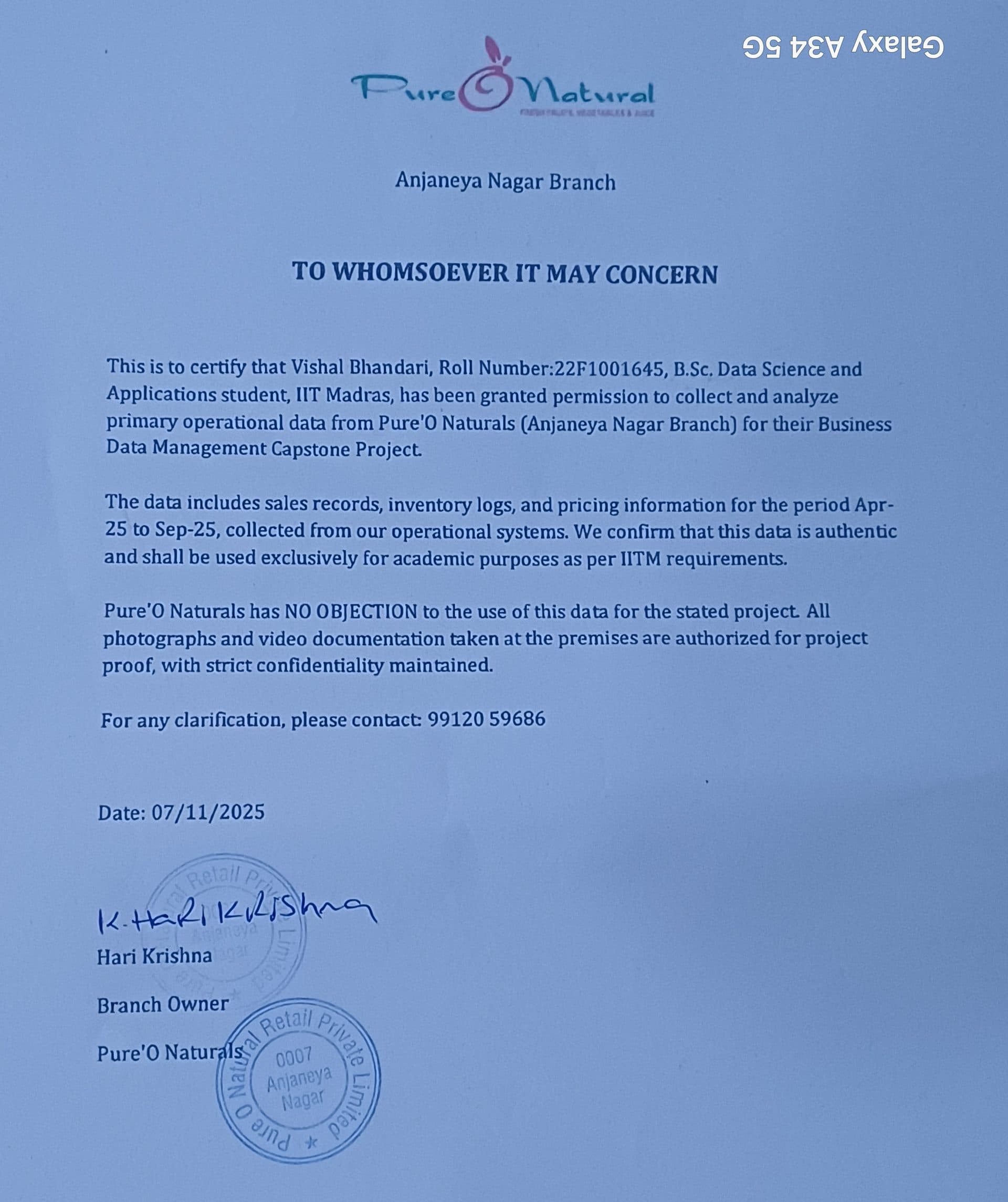 No Objection Certificate — Signed by Branch Owner